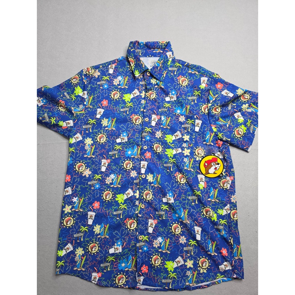 Buc-ees Shirt Men's Medium Blue Allover Print Stretch Short Sleeve Button-Up NWT